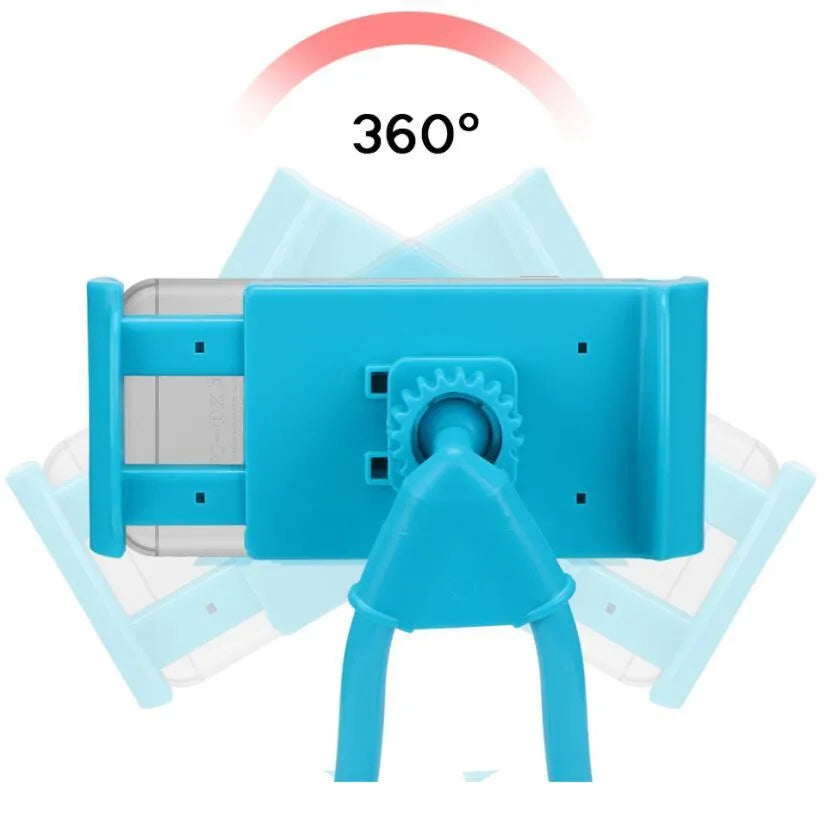 White universal phone holder with 360-degree rotation mechanism holding a smartphone