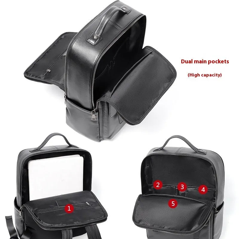Men's black genuine leather large capacity computer backpack with woven details.