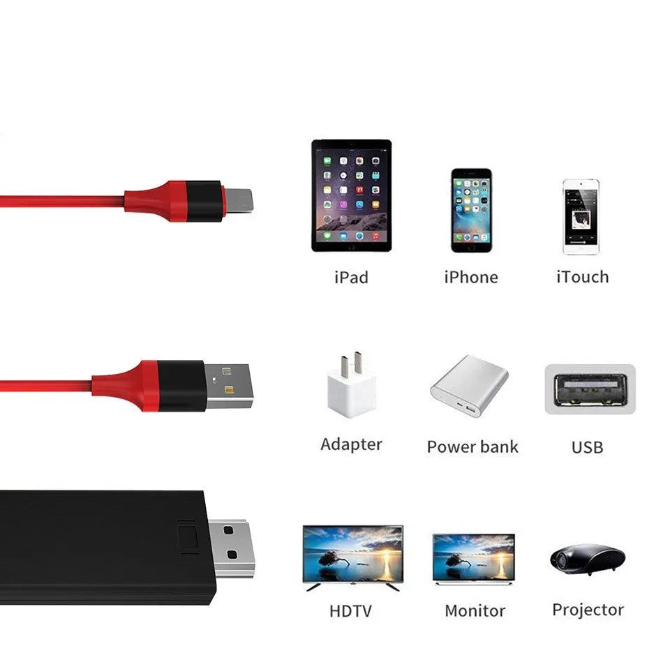 Lightning to HDMI TV adapter cable for iPhone 5 to 11 Pro Max, 1080P HD, black red white.
