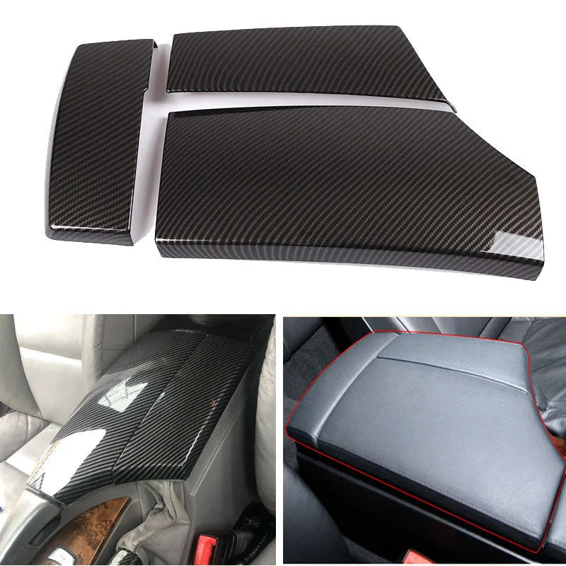 Set of three black ABS armrest box protective covers with carbon fibre pattern, showing buckle installation and 33.5cm length.