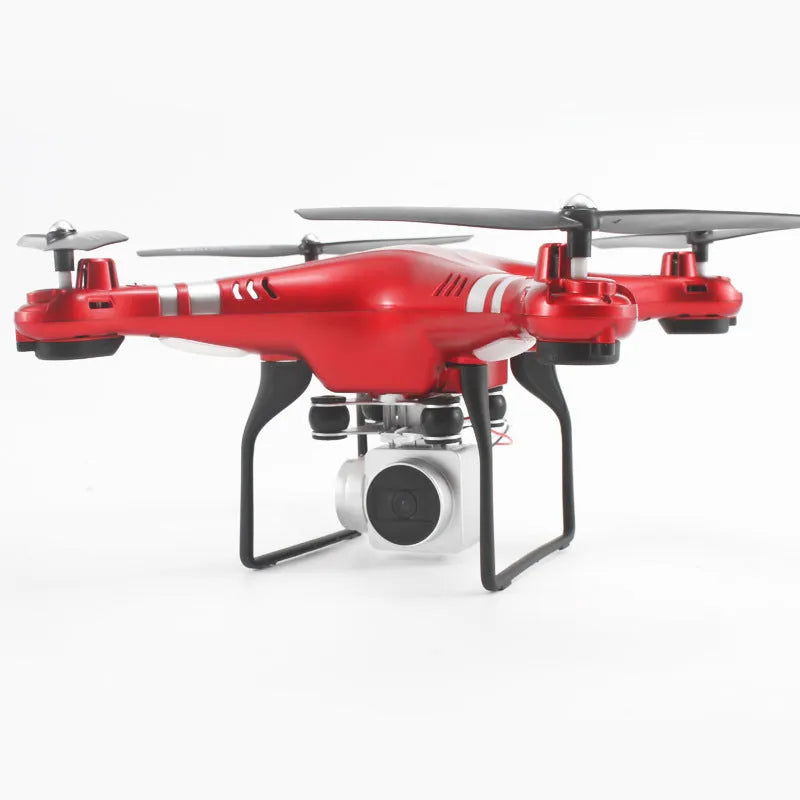 Black, red, and white alloy HD aerial photography drone with handheld remote control.