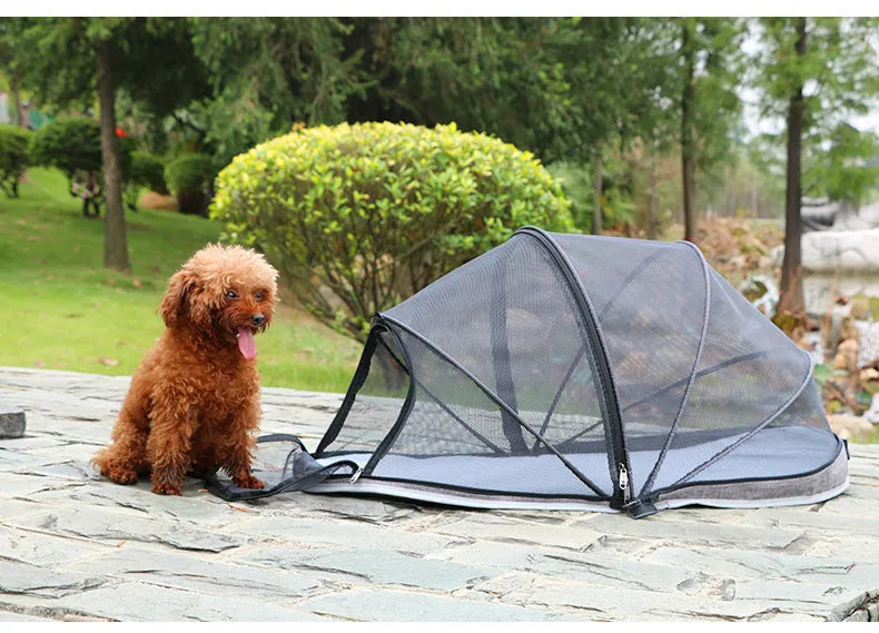 Black half-mesh folding tent for cats showing 50cm dimensions and portable design