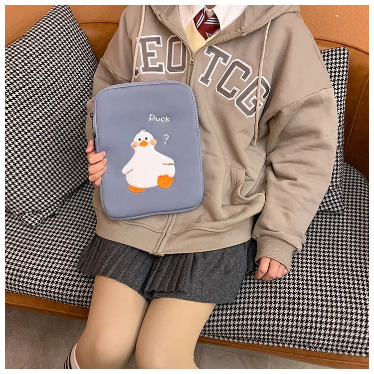 Blue cotton tablet case with cartoon duck embroidery and zipper closure for 11-inch tablets