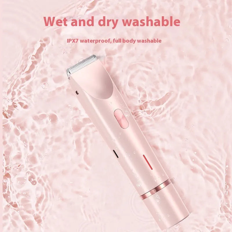 Pink women's electric razor and trimmer with two heads, USB cable, and brush on a white background.