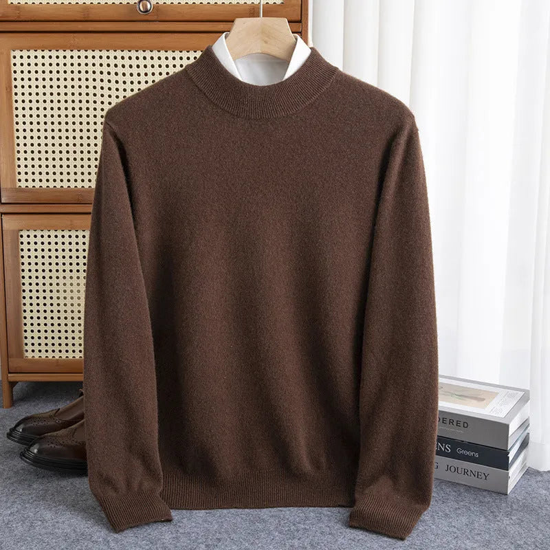 Men's half-collar wool sweater in loose fit showing texture of rough yarn wool