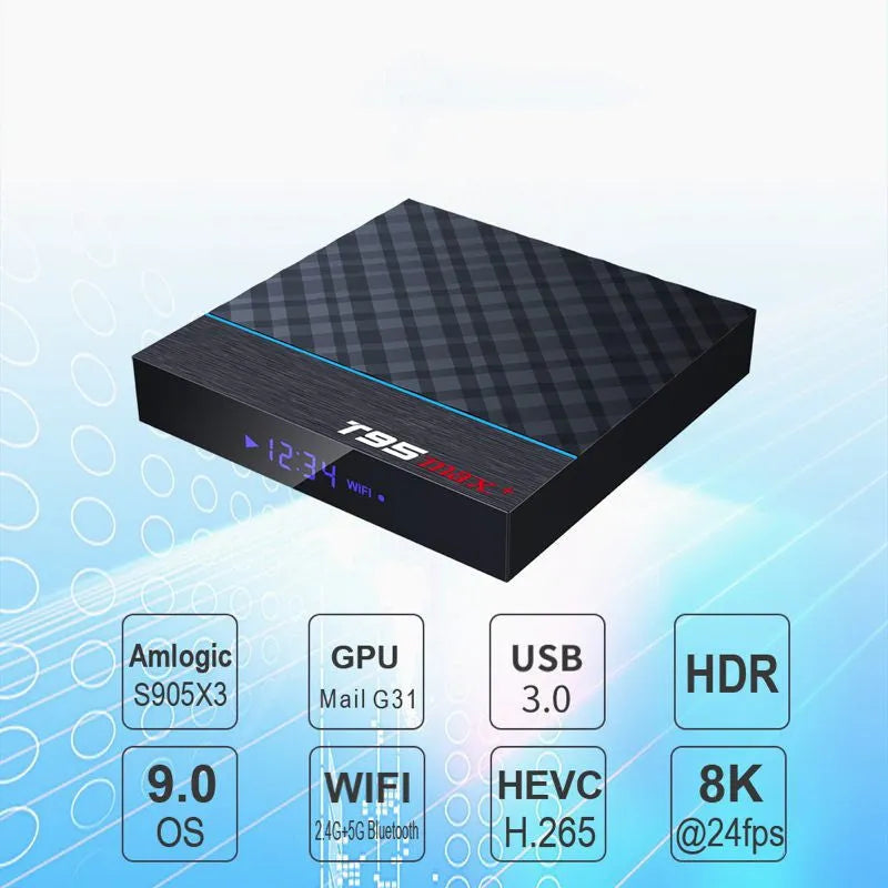 Black T95 Max Plus Android TV box unit with Amlogic S905X3 processor for 4K streaming.