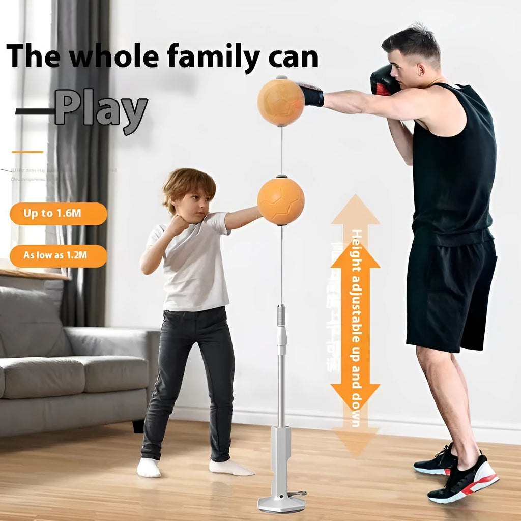 Vertical boxing reaction speed ball with attached focus mitts, shown in grey and orange colour options for youth and adult use.