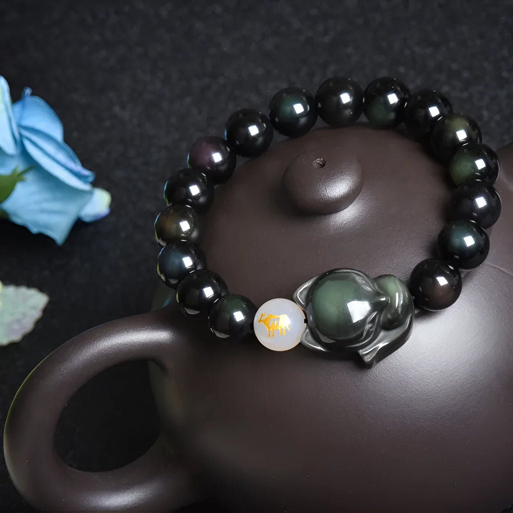 Natural obsidian zodiac bracelet with 10mm beads in gold, silver, or pure stone styles
