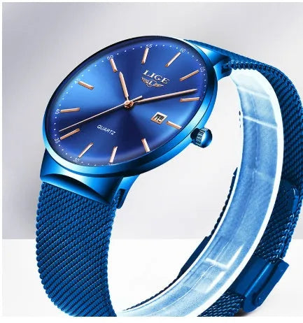 Men's stainless steel watch with 40mm case, available in black, blue, and black-blue colour options