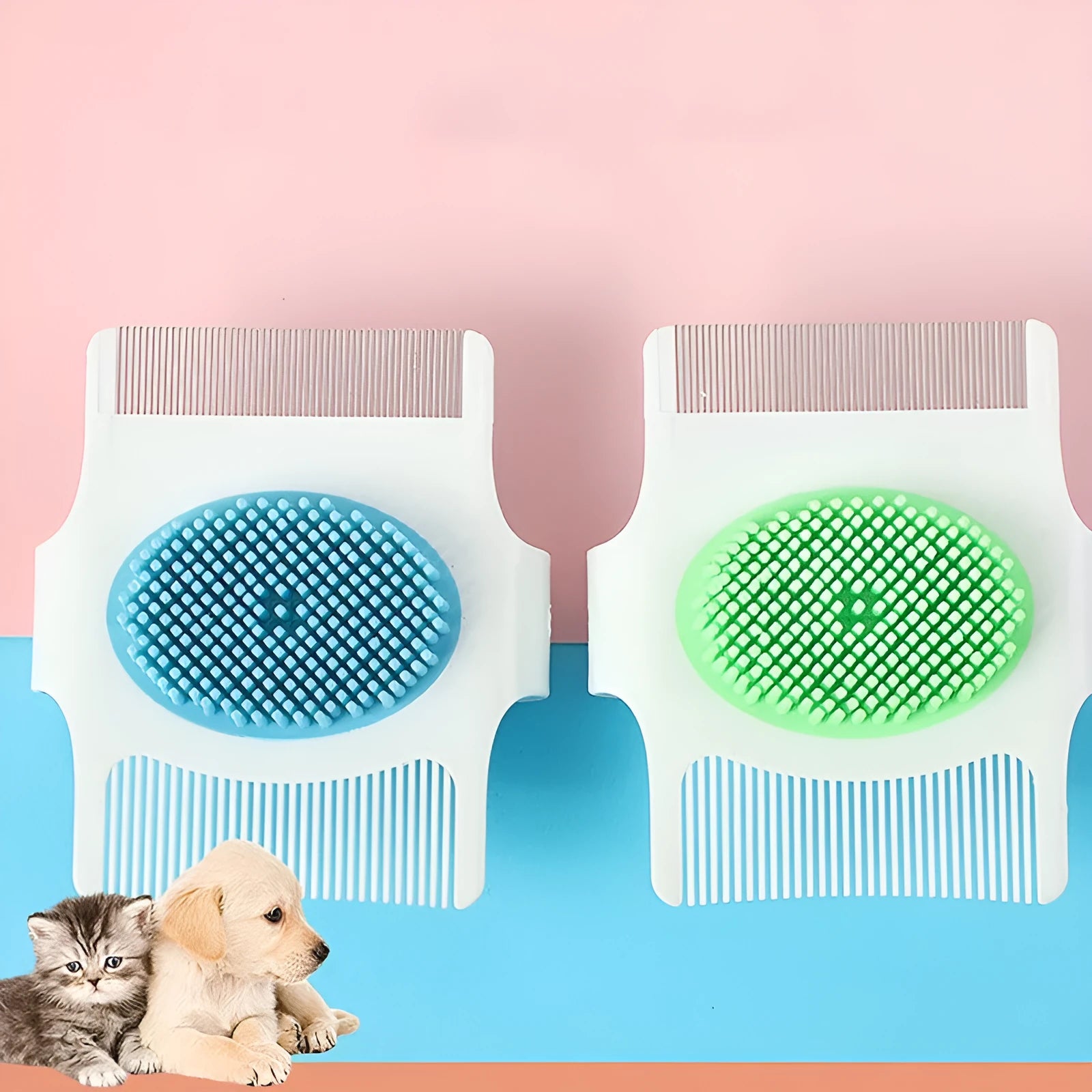 Blue and green handheld multifunctional dog grooming comb for hair removal and massage