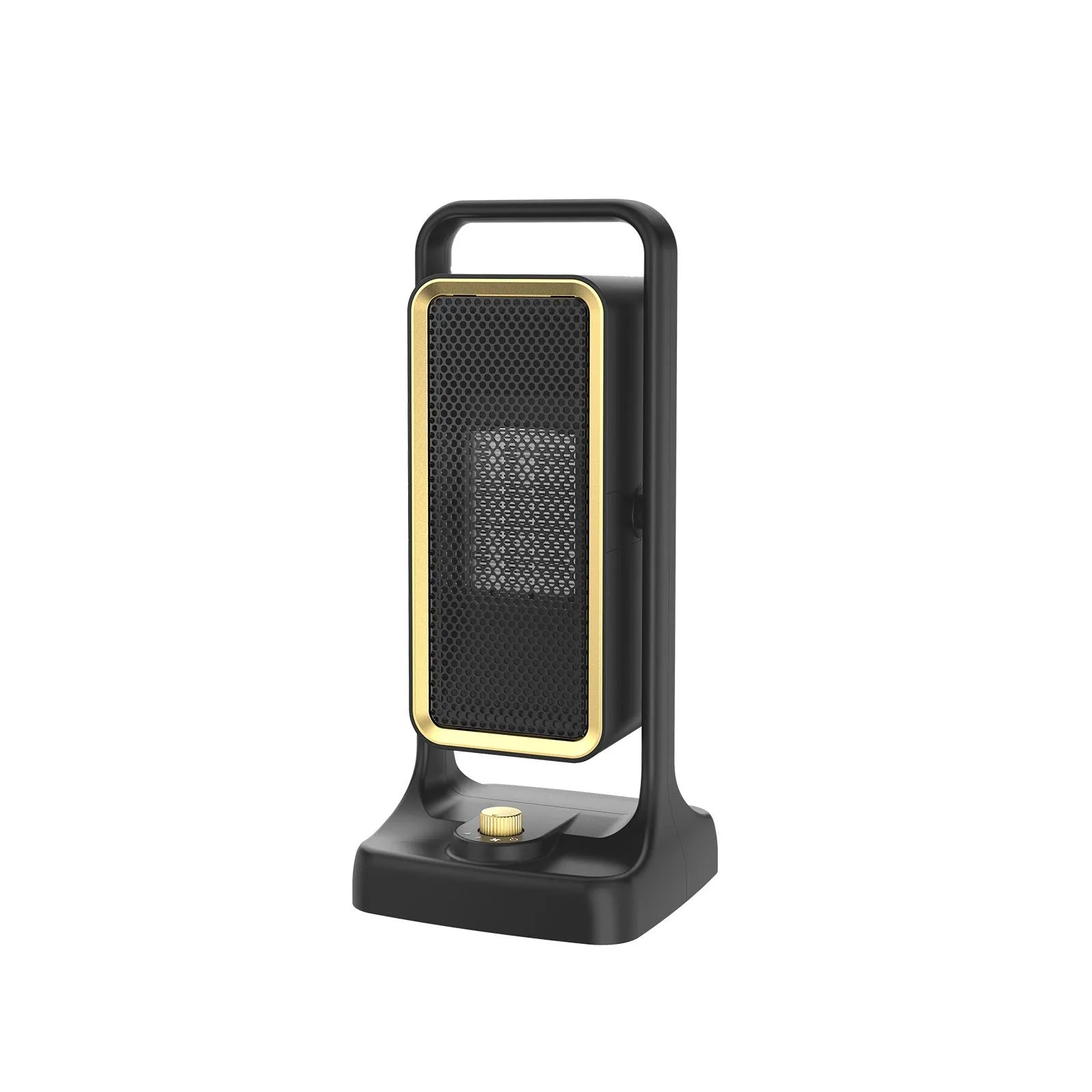 Black desktop PTC ceramic heater with knob control, dimensions 14.9x11.1x33.5cm