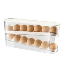 Transparent white refrigerator slide-out egg tray with automatic dispenser mounted on refrigerator door