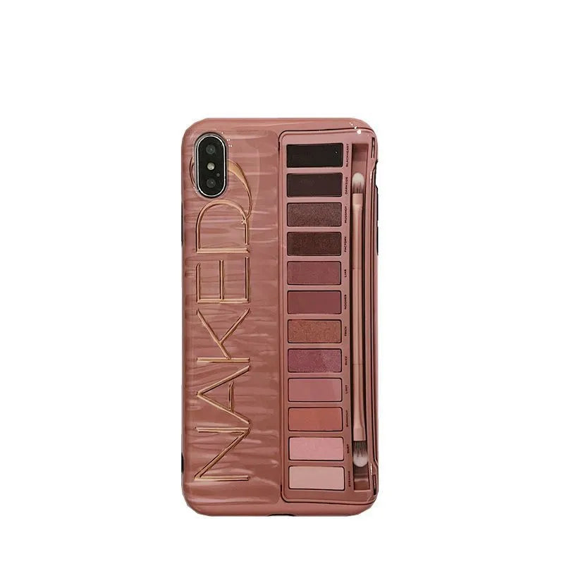 Silicone eye shadow phone case with raised edge showing iPhone compatibility and flesh/grey colour options