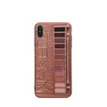 Silicone eye shadow phone case with raised edge showing iPhone compatibility and flesh/grey colour options