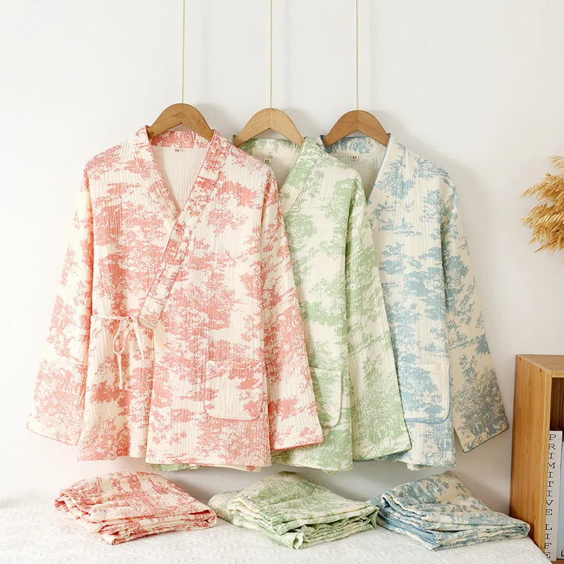 Women's pink frosted pine trees cotton gauze suit with lace-up trousers and long sleeves