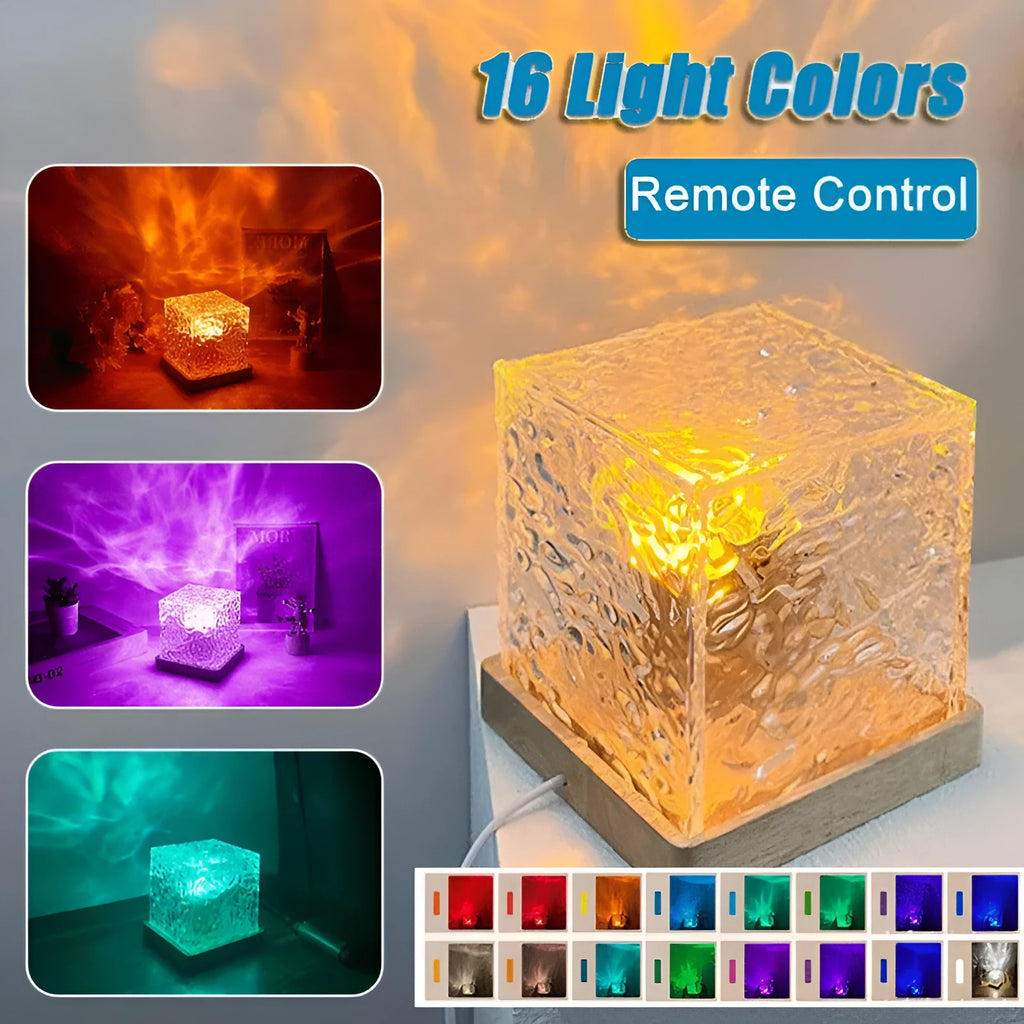 Crystal table lamp projecting blue water ripple light pattern on wall