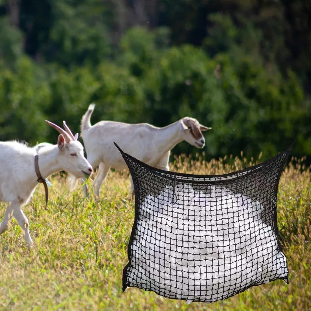 Black woven polyethylene rope horse feeding bag with grid pattern, hanging demonstration showing 120x90cm size