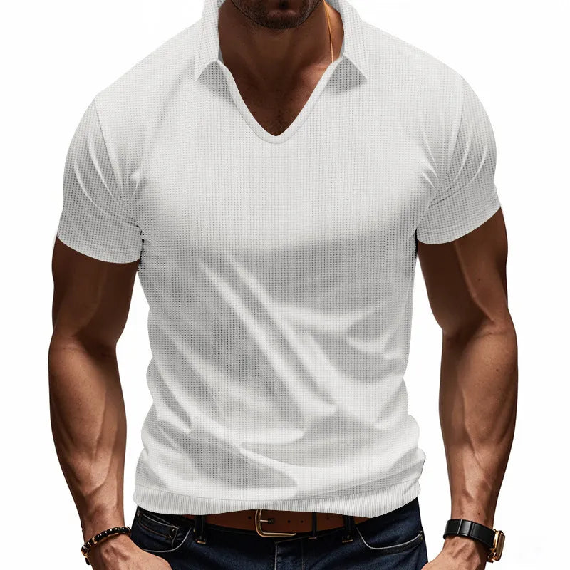 Men's V-neck short sleeve top in loose fit with solid colour options including Army Green and apricot