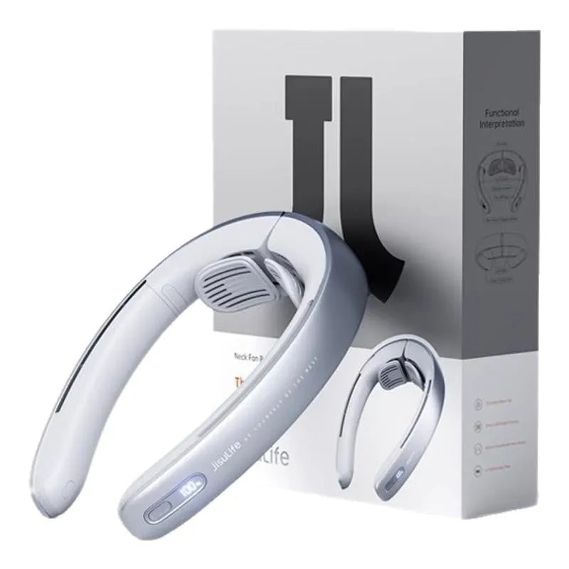 Silver grey portable neck fan with no-blade design and USB charging cable.