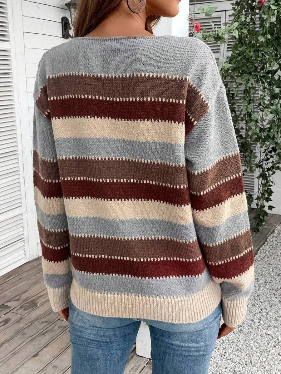 Women's colourblock striped pullover sweater in polyester fabric for autumn winter casual wear