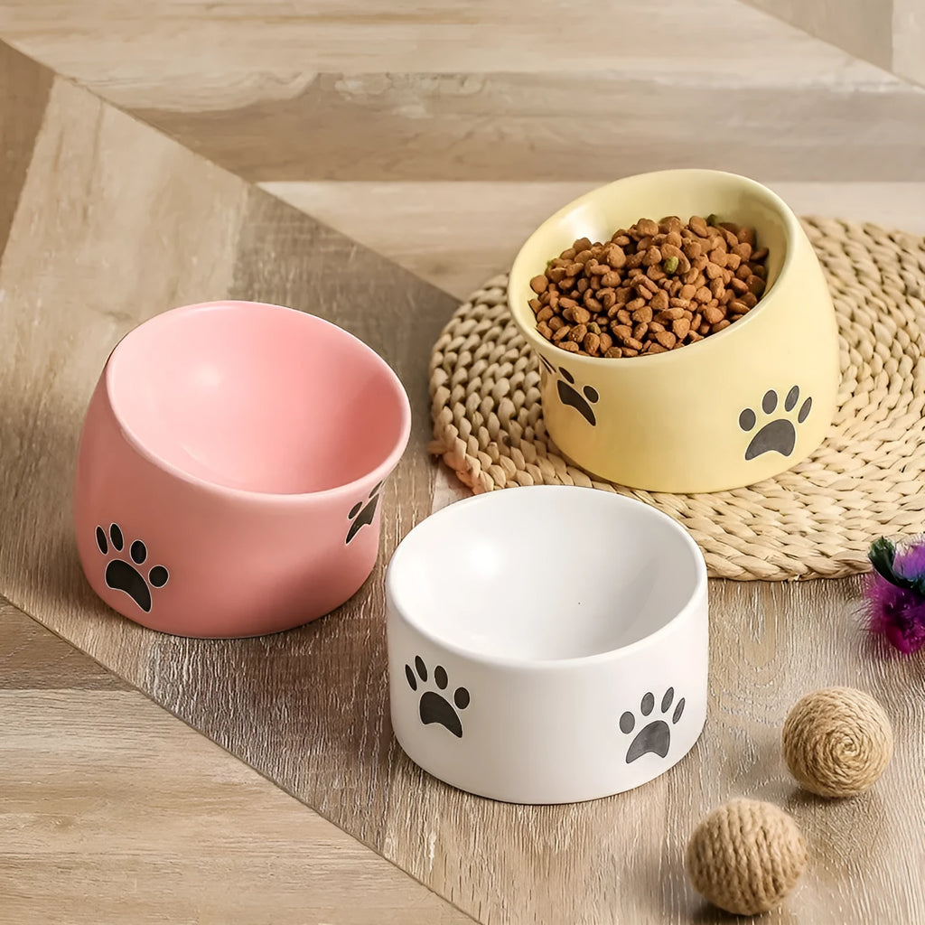 Ceramic cat bowl with high foot design and cat's paw pattern in choice of colours