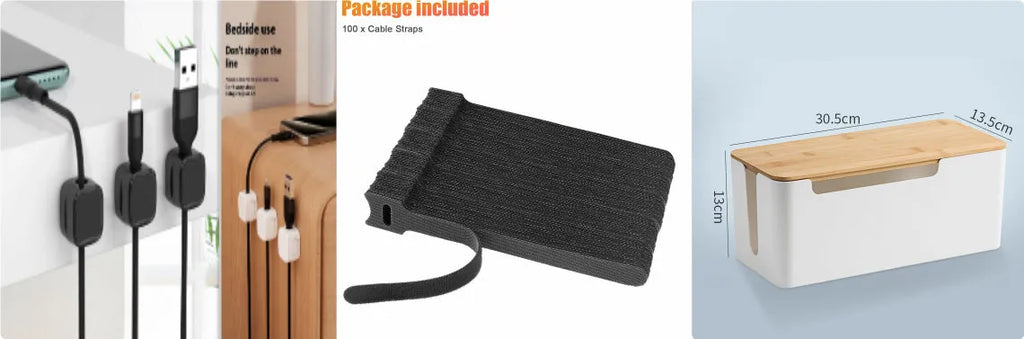 Plastic cable storage box for power strip, charger sockets and data cables, 23x11x12.5cm or 30.5x13.5x13cm