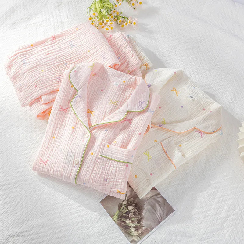 Women's cotton pajamas set in pink or beige with long sleeves and trousers, thin crepe fabric for home wear