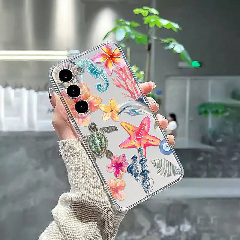 Transparent iPhone case with dolphin turtle design showing anti-fall TPU protection