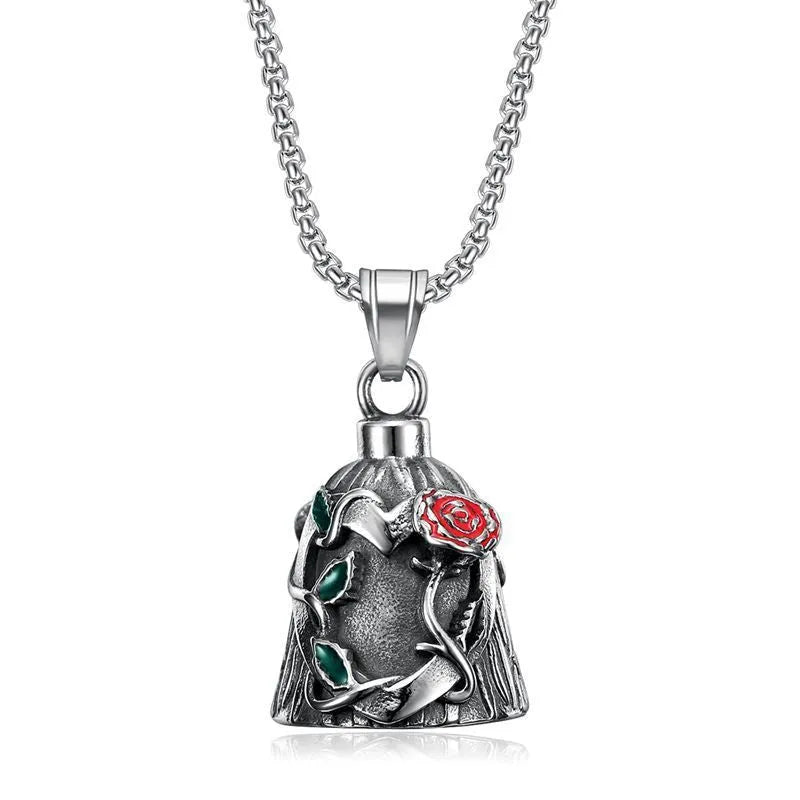 Titanium steel motorcycle riding lucky bell with double-sided epoxy rose design and polished finish in retro steel colour