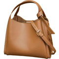 Women's tea brown genuine leather crossbody bucket bag showing internal zipped compartments