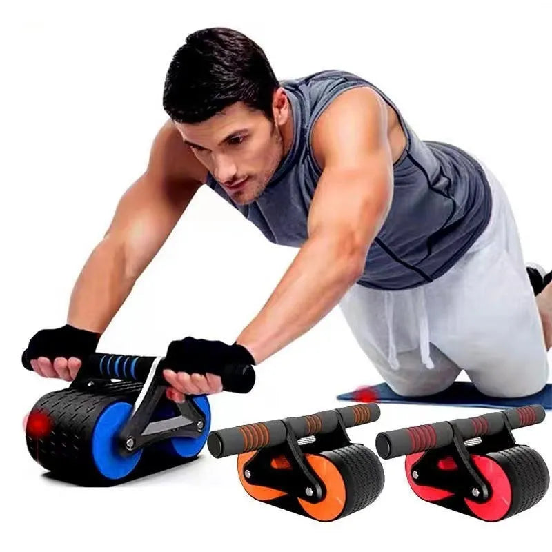 Double wheel abdominal exerciser with automatic rebound, blue orange red ABS ab roller with kneeling pad