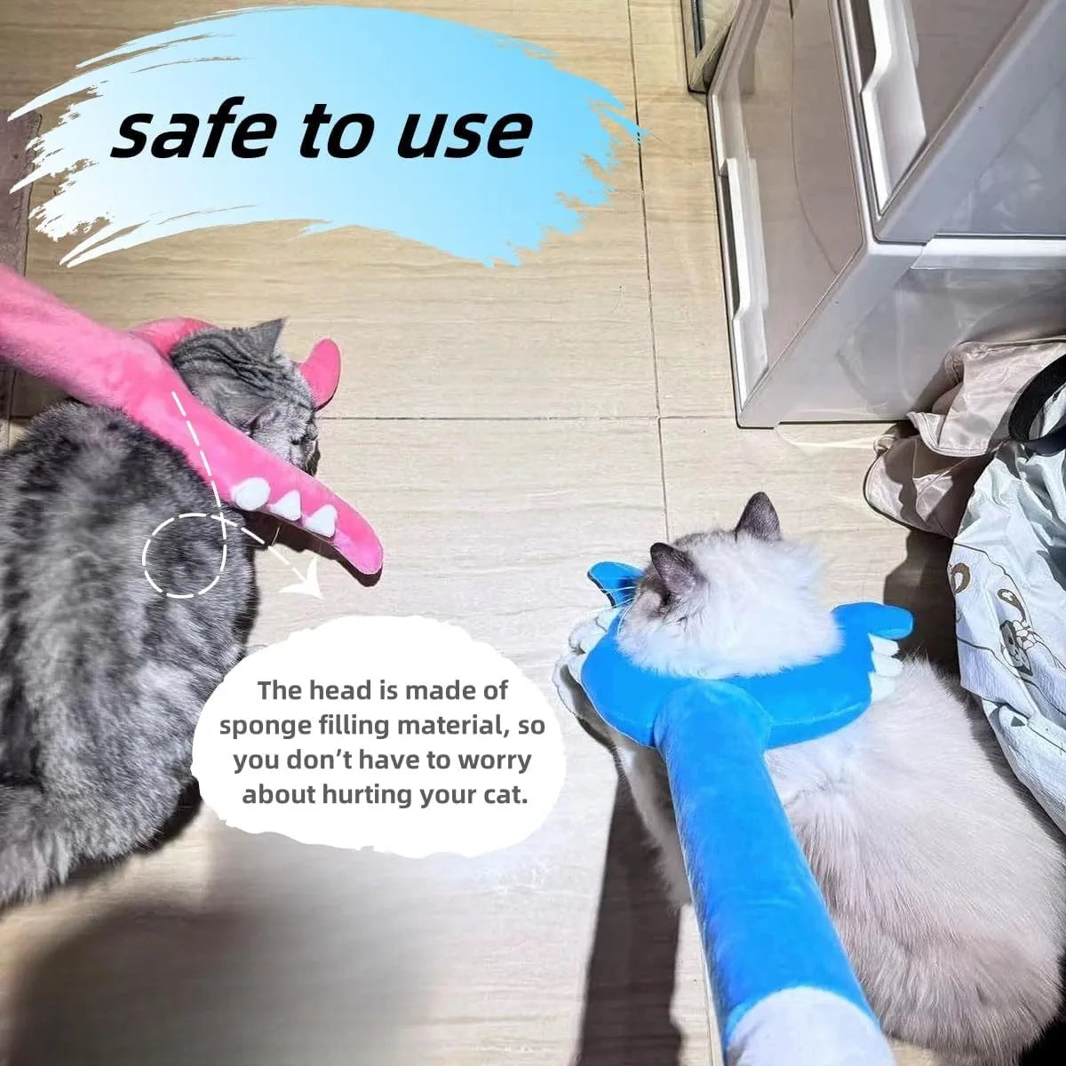 Blue plush cat wand toy with 70cm length shown during interactive play with cat