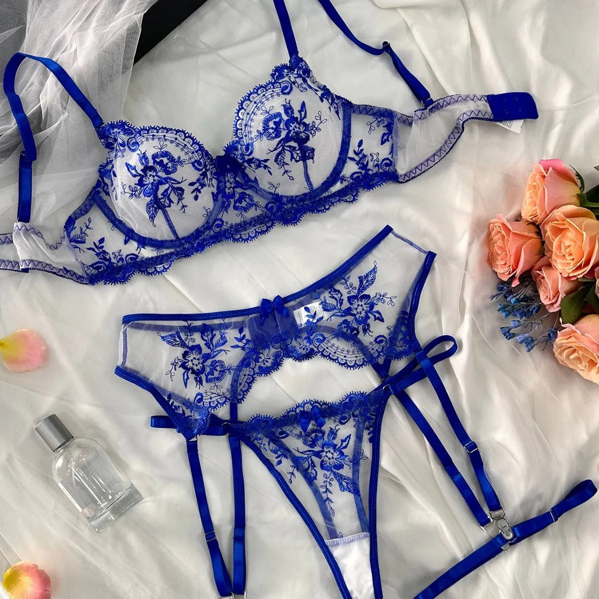 Women's sheer polyamide lingerie set with cutout design in black, red, or blue