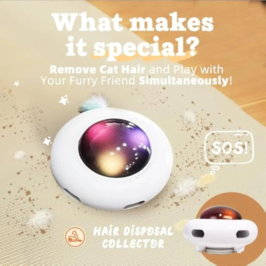White interactive cat toy with colourful feathers and LED lights for indoor feline play