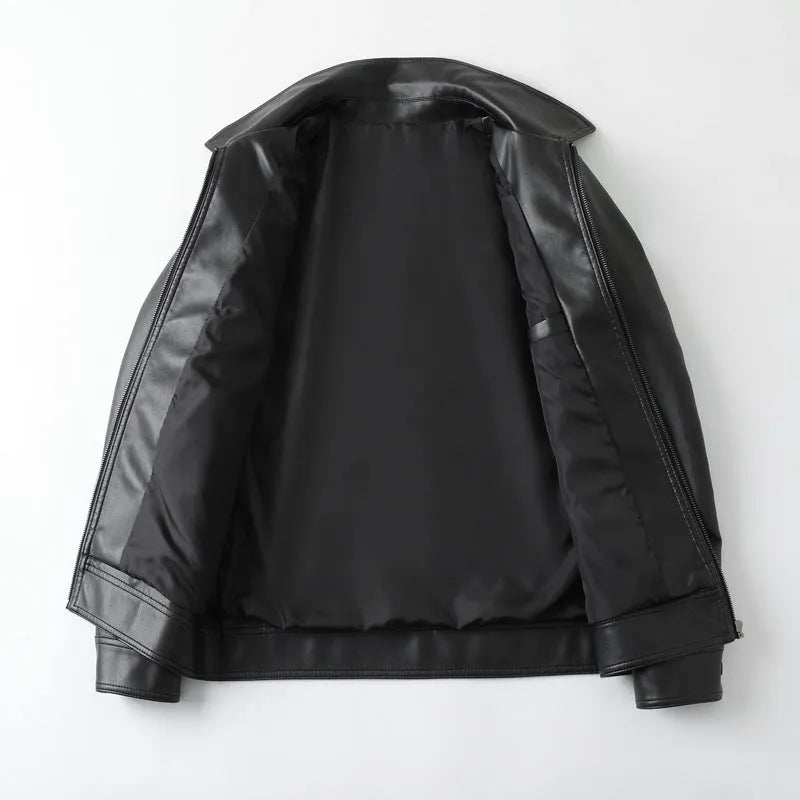Men's black PU leather jacket with windproof design, loose fit, and zipper pockets, shown in a casual setting.