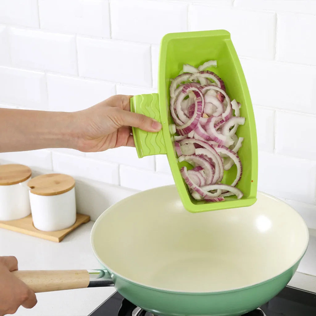 Green multi-function kitchen cutting board with integrated sink basket and drainage holes