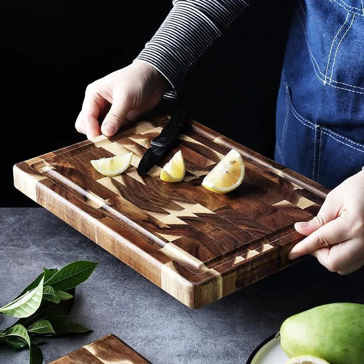 Brown solid wood cutting board with 3cm thickness for kitchen food preparation tasks