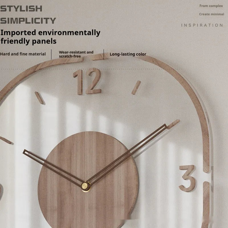 Modern square wooden wall clock with transparent frame on a wall.