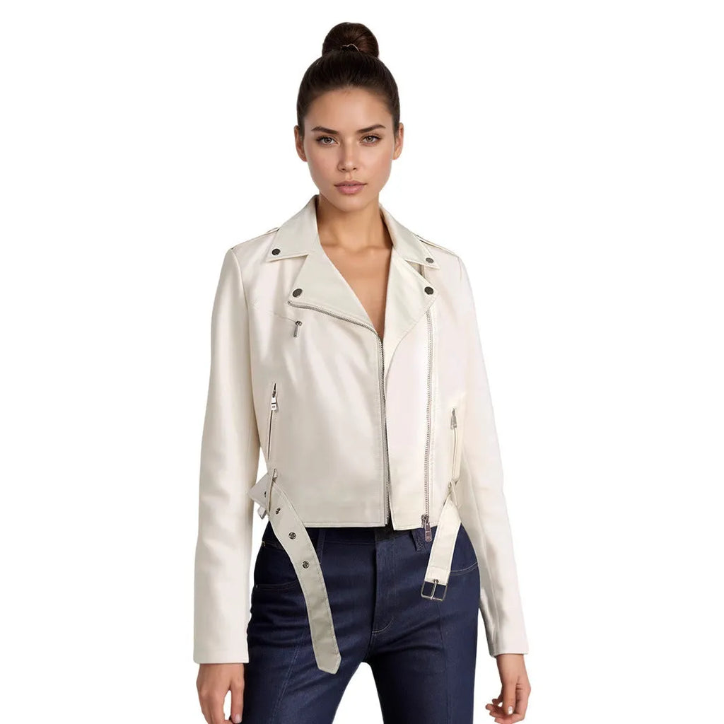 Women's red PU leather jacket with lapel collar and adjustable belt, street fashion style