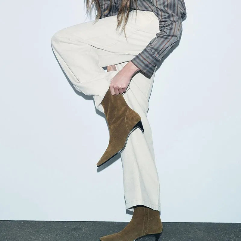 Brown square toe mid-calf boots with side zipper and 3-5cm kitten heel on waterproof platform