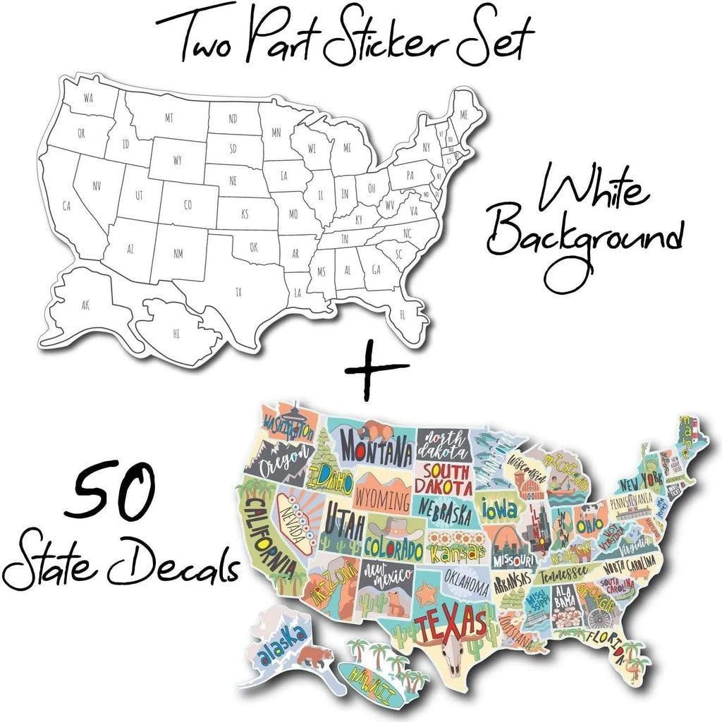 Travel-themed car body sticker set showing two style designs with blank white background map for destination tracking