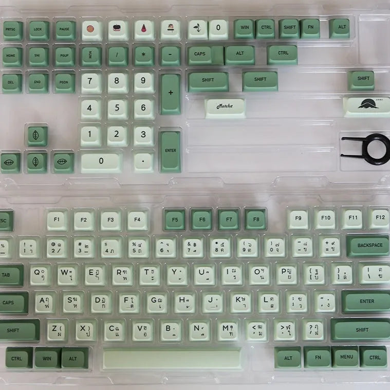 124 Matcha green PBT keycaps with white dye-sublimated legends, arranged in a keyboard layout.