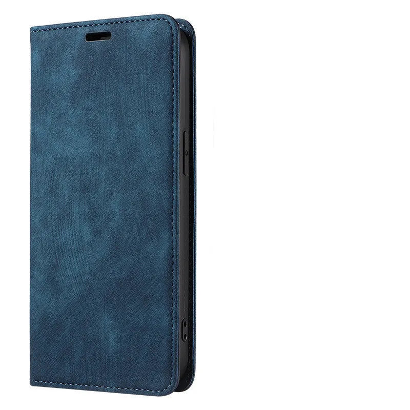 Magnetic flip phone case in grey colour with TPU and leather materials, showing closed flap for iPhone protection
