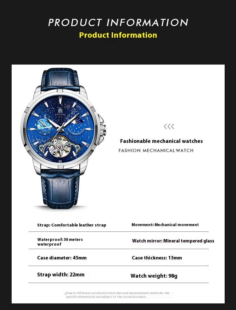 Men's blue dial automatic mechanical watch with 14mm stainless steel case showing time at 10:10