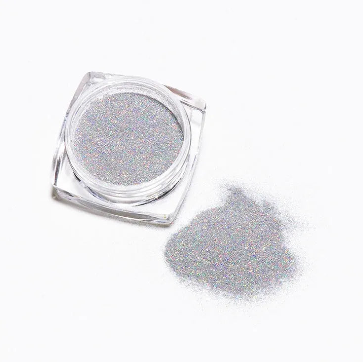 Silver nail rainbow powder laser mirror powder for UV gel nails with eyeshadow stick application and UV top coat sealing