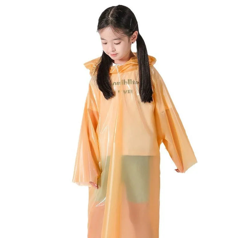 Pack of six disposable children's long rain ponchos in mixed colours, packaged at 13x9cm.