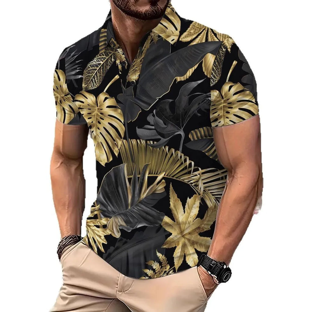 Men's gold short sleeve shirt with a large tropical leaf plant pattern print