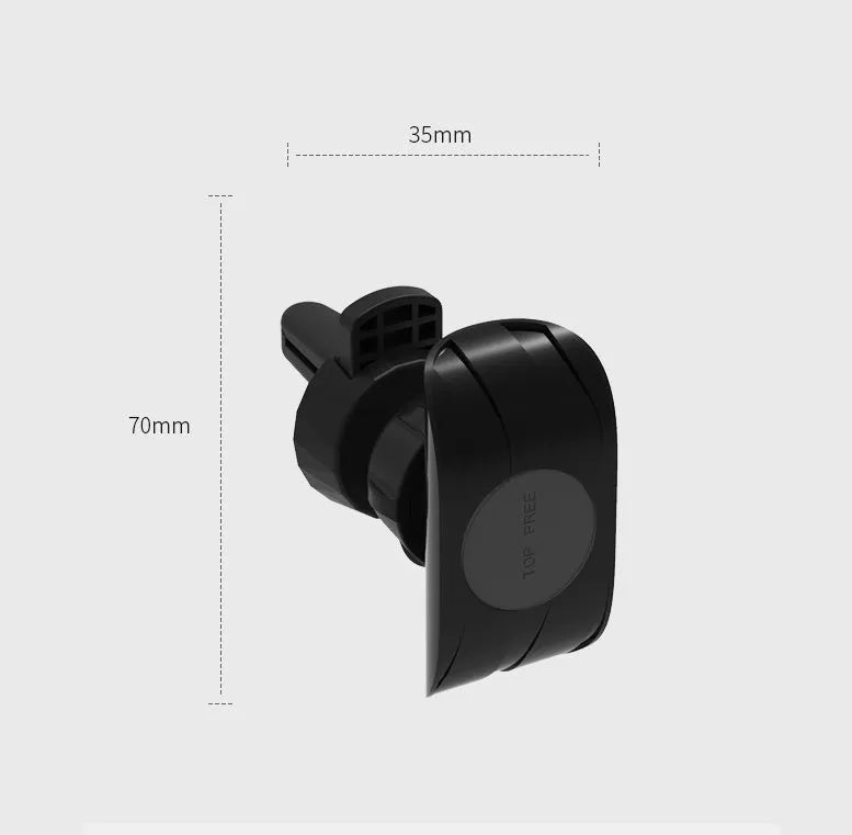 Black car phone holder attached to vehicle air vent with smartphone securely mounted