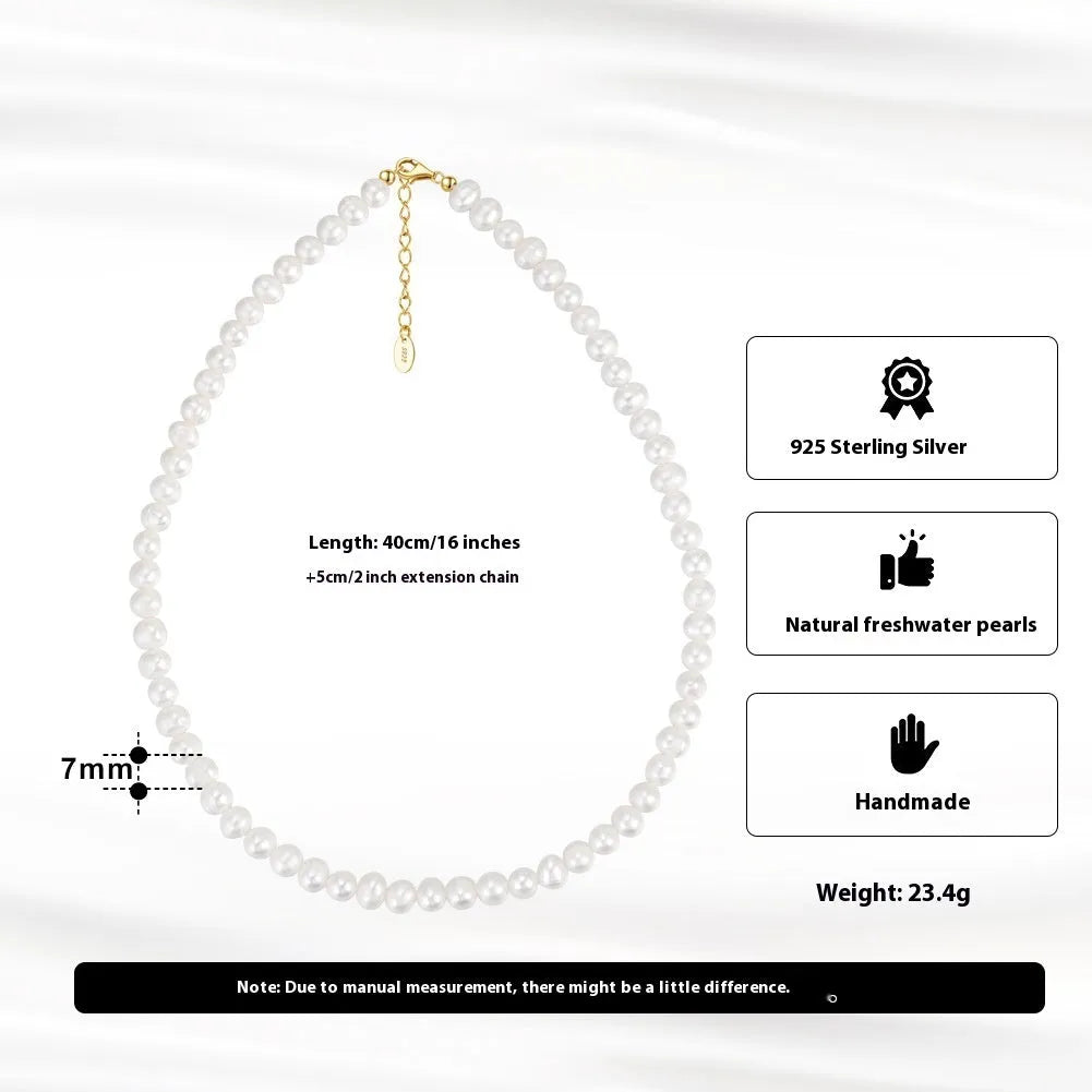 Women's adjustable freshwater pearl necklace with 925 sterling silver and 6-7mm pearls on adjustable clasp