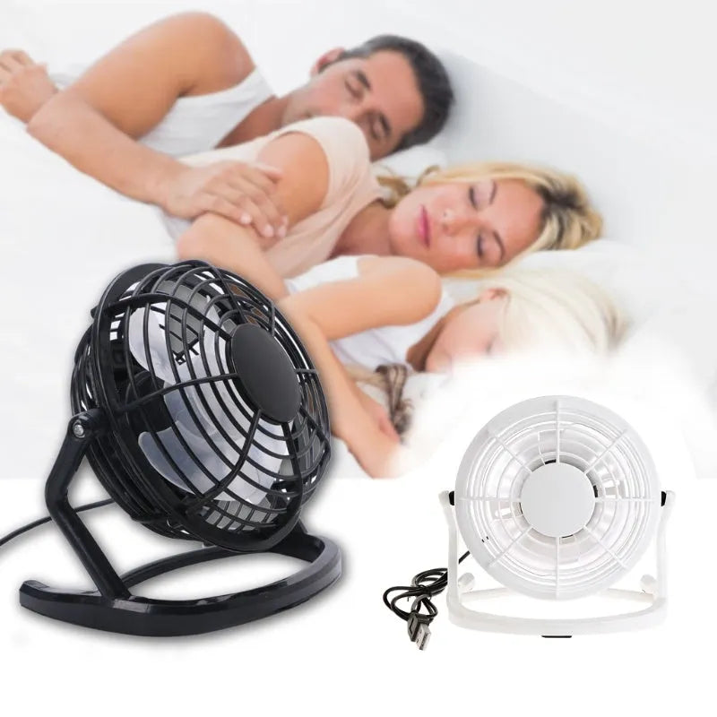Mini portable USB desk fan in black, white, or blue with adjustable angle and 16cm size